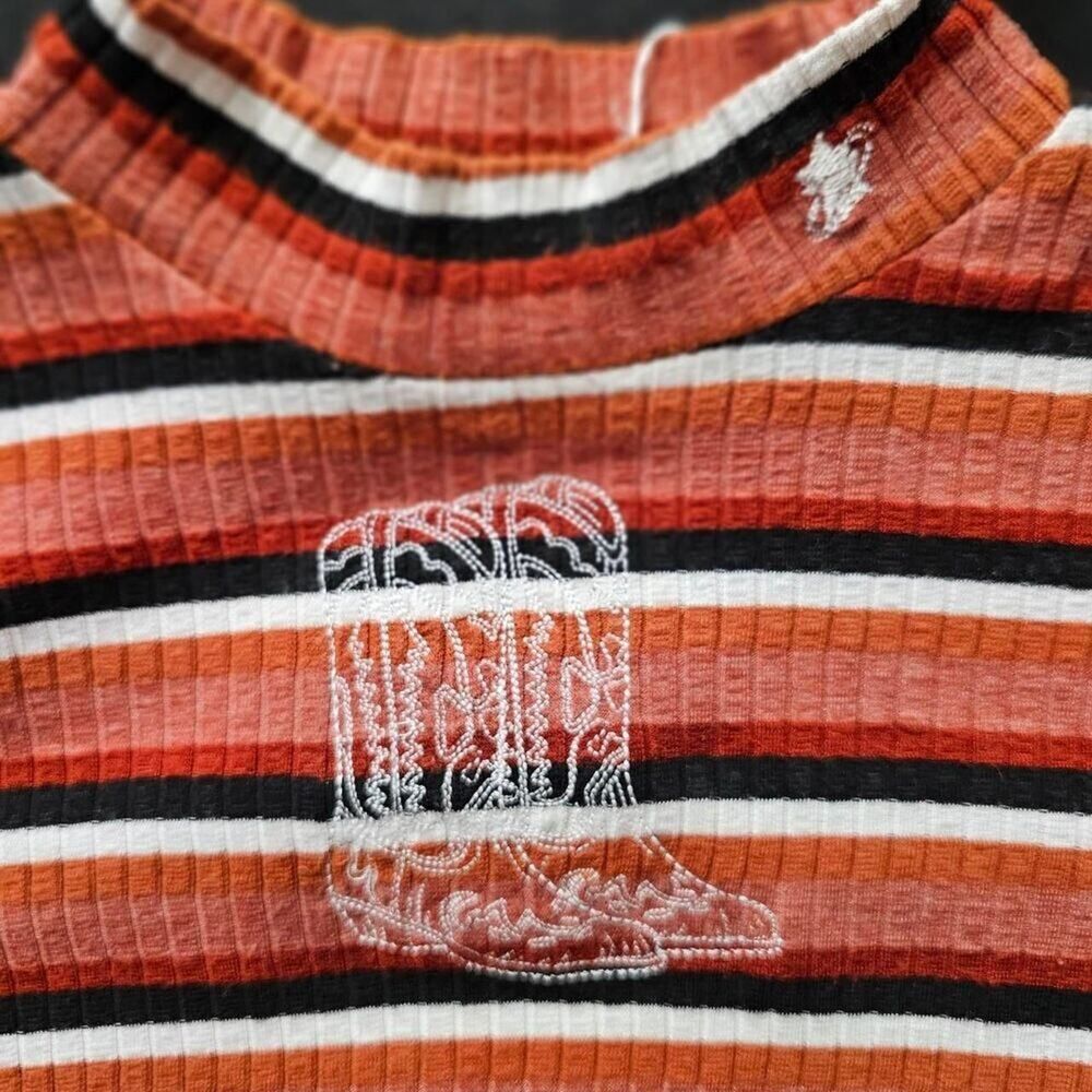 Sky and Sparrow Striped Ribbed Mock Neck Top Cowboy Boot Embroidery Rust Size S
